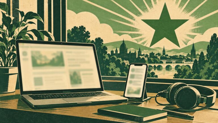Il·lustració amb estil de cartell antic d'esperanto: un portàtil, un mòbil i uns auriculars sobre un escriptori, amb les pantalles enceses i desenfocades.