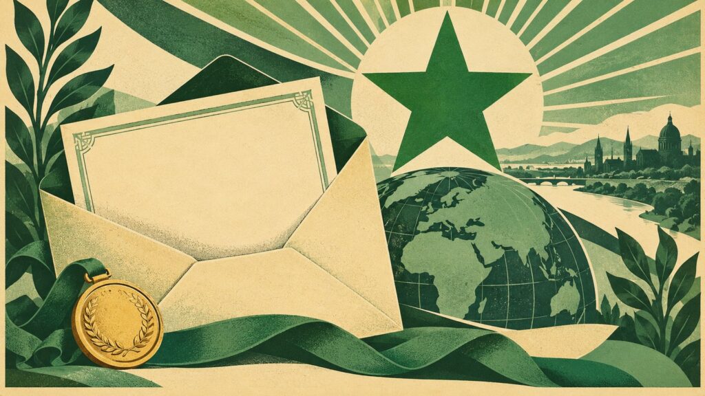 Ilustraĵo laŭ la stilo de malnova esperanta afiŝo: malfermita koverto, el kiu elstaras malplena diplomo, kaj malgranda orkolora medalo apude.