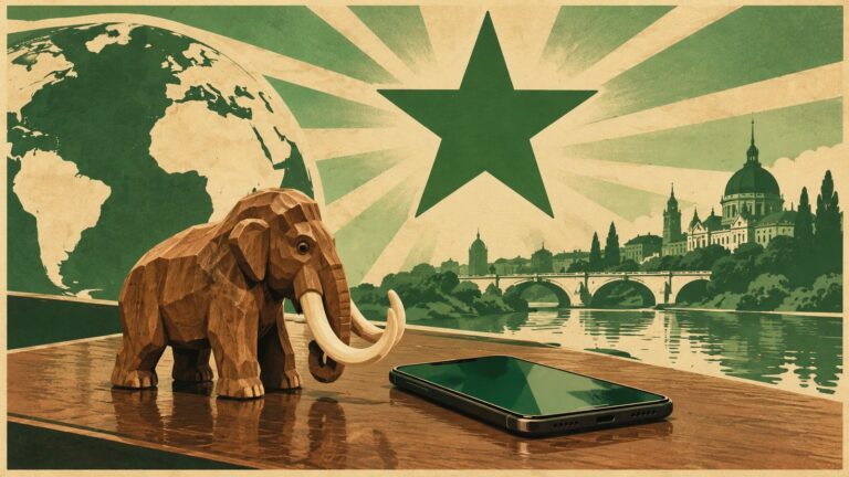 Ilustración con estilo de cartel antiguo de esperanto: una pequeña figura de madera de un mastodonte junto a un móvil apoyado en una mesa.