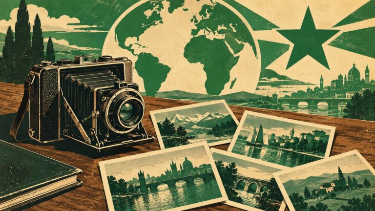 Ilustraĵo laŭ la stilo de malnova esperanta afiŝo: analoga fotilo apud pluraj presitaj fotoj disĵetitaj sur ligna tablo.