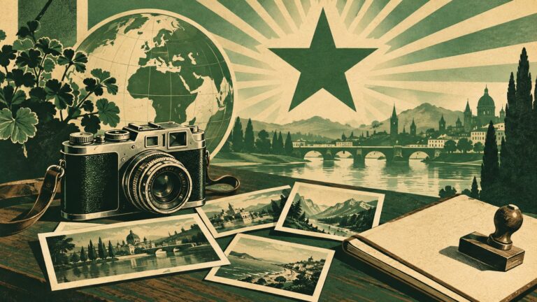 Ilustraĵo laŭ la stilo de malnova esperanta afiŝo: fotilo sur tablo apud pluraj presitaj fotoj kaj kajero kun malplena inka stampo.