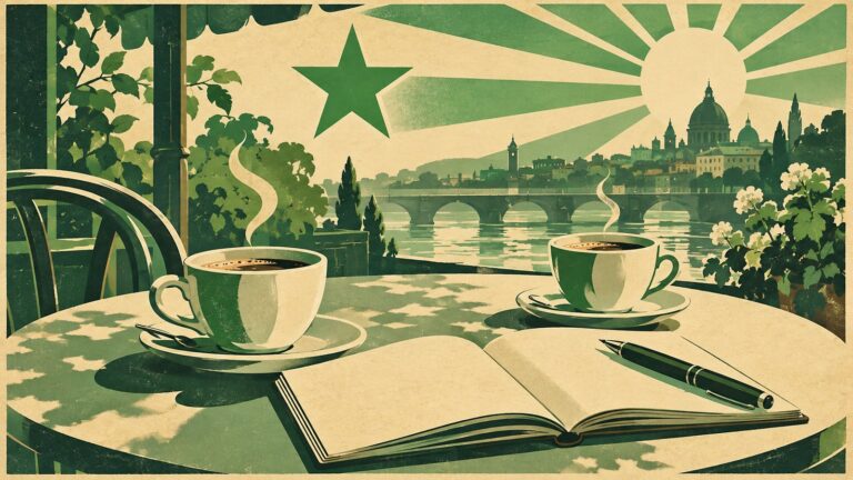 Il·lustració amb estil de cartell antic d'esperanto: dues tasses de café sobre la taula d’una cafeteria, amb un quadern obert i un bolígraf al costat, a mig matí.