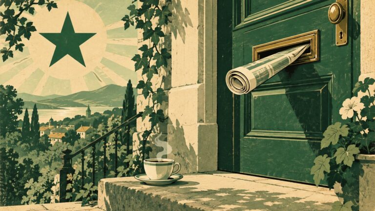 Il·lustració amb estil de cartell antic d'esperanto: un periòdic enrotllat que sobresurt de la bústia de la porta d’una casa, de matí, amb una tassa de café a l’escaló.