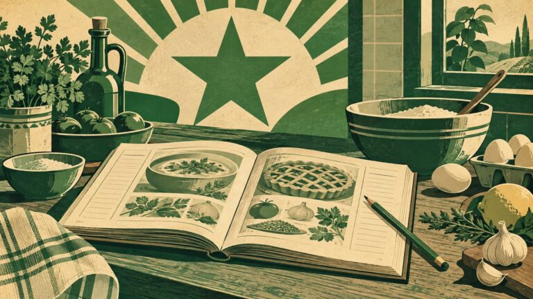 Ilustración con estilo de cartel antiguo de esperanto: un libro de recetas abierto en la encimera de una cocina, con los ingredientes al lado y un lápiz encima para apuntar cambios en el margen.