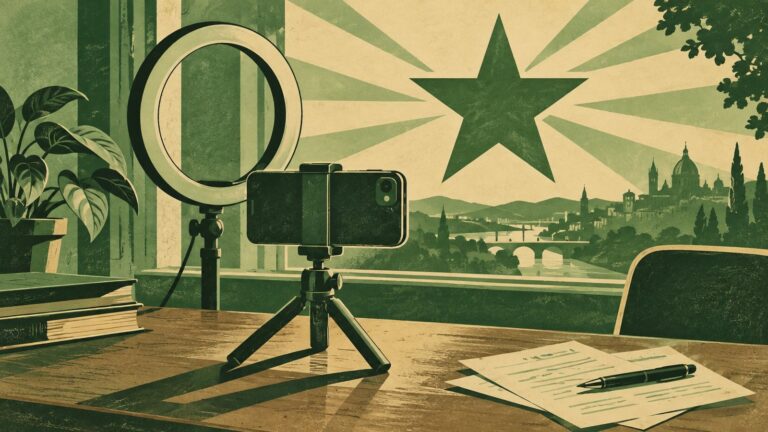Ilustraĵo laŭ la stilo de malnova esperanta afiŝo: poŝtelefono sur malgranda tripiedo sur tablo, kun malŝaltita ringolampo malantaŭe kaj paperaj notoj apude.