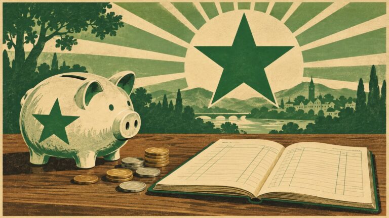 Il·lustració amb estil de cartell antic d'esperanto: una guardiola de ceràmica, unes monedes soltes i una llibreta de comptes oberta sobre una taula de fusta.