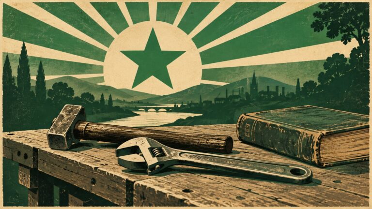 Ilustración con estilo de cartel antiguo de esperanto: herramientas de trabajo antiguas —un martillo y una llave inglesa— sobre el banco de un taller, junto a un libro viejo de tapas gastadas.