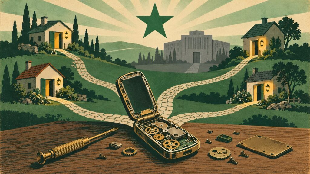 Ilustración con estilo de cartel antiguo de esperanto: sobre una mesa de madera, un móvil antiguo abierto como la caja de un reloj, con sus engranajes a la vista, junto a un destornillador de latón y unas piezas de recambio; del móvil salen varios caminos de piedra que se separan hacia cuatro casitas distintas, cada una con su farolillo encendido y la puerta abierta, lejos de un gran edificio gris con una sola puerta cerrada; en el cielo, la estrella verde.