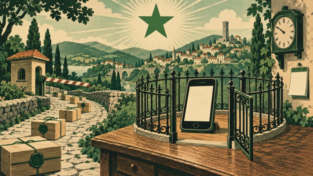 Ilustraĵo laŭ la stilo de malnova esperanta afiŝo: sur ligna tablo, poŝtelefono kun blanka ekrano, ĉirkaŭita de ronda forĝita barilo kun duone malfermita pordeto; laŭ ŝtona vojo alvenas lignaj pakaĵoj ligitaj per verda ŝnureto kaj sigelitaj per verda vakso, antaŭ ŝtona gardejo kun baro; ĉe la muro, murhorloĝo kaj kalendaro kun unu sola blanka folio; fone, montetoj, urbeto kun turo, rivero kun ponto, kaj en la ĉielo la verda stelo.