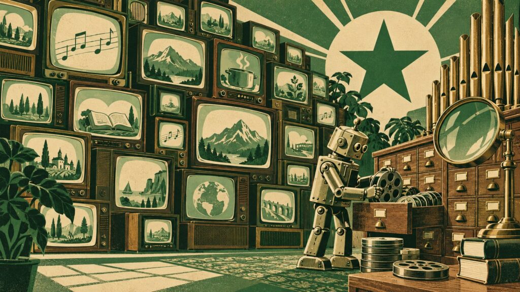 Ilustraĵo laŭ la stilo de malnova esperanta afiŝo: granda muro de malnovaj televidiloj, ĉiuj ŝaltitaj kun simplaj bildoj —muziknotoj, libro, monto, kuirpoto—, kaj antaŭ ĝi malgranda lada roboto metas filmrulaĵojn en lignan kartotekon kun multaj tirkestoj, apud granda latuna lupeo kaj orgentuboj, sub granda verda stelo.