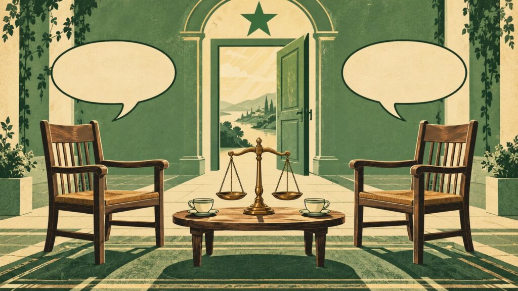 Ilustración con estilo de cartel antiguo de esperanto: dos sillas de madera vacías una frente a otra, una mesa baja entre ellas con dos tazas y una balanza de latón en perfecto equilibrio, un bocadillo de diálogo vacío sobre cada silla, del mismo tamaño; al fondo, una puerta entreabierta a un paisaje con un río y, encima, la estrella verde de cinco puntas.