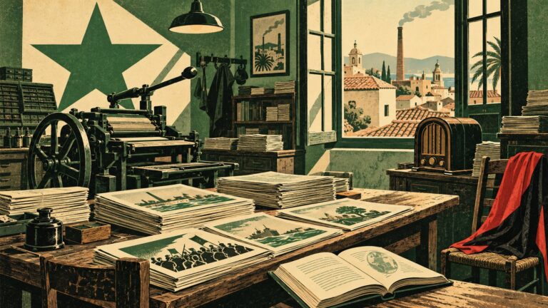 Il·lustració amb estil de cartell antic d'esperanto: un antic local sindical amb una impremta manual, piles de butlletins, una ràdio de vàlvules, un llibre obert i una bandera roja i negra damunt d'una cadira; per la finestra, teulades i la xemeneia d'una fàbrica d'una ciutat mediterrània.