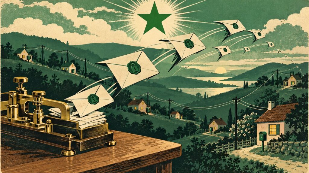 Il·lustració amb estil de cartell antic d'esperanto: un telègraf de llautó damunt d'una taula de fusta del qual ixen sobres de carta tancats amb un segell de lacre verd en forma de cadenat; els sobres volen com orenetes per damunt dels tossals cap a unes casetes escampades, cadascuna amb la seua bústia, unides per fils de telègraf; dalt, l'estrela verda de cinc puntes.