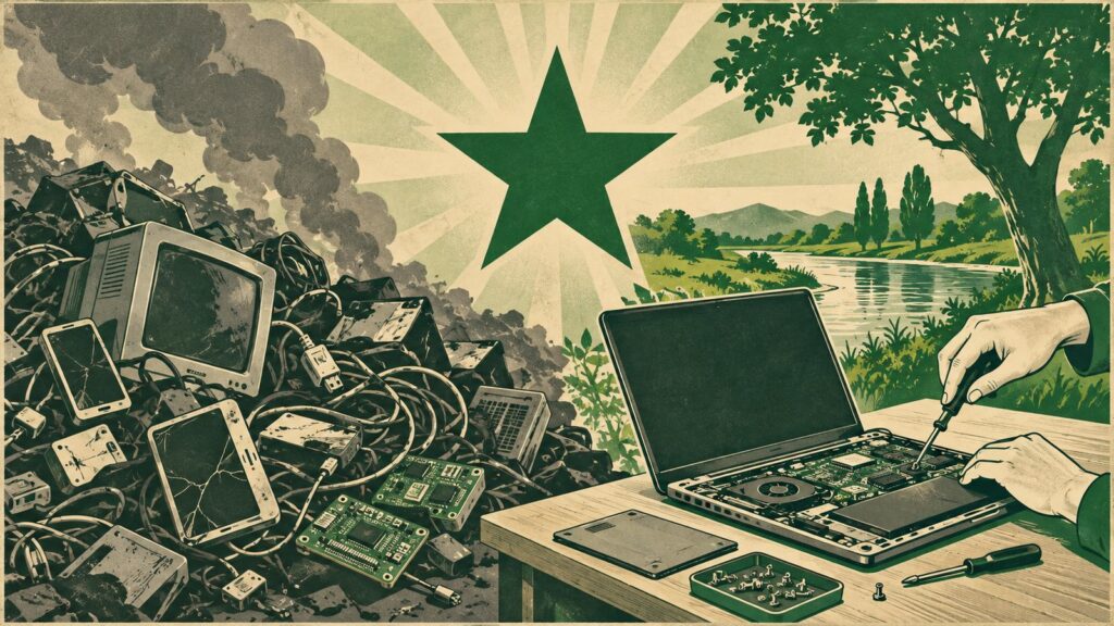 Ilustraĵo laŭ la stilo de malnova esperanta afiŝo: maldekstre, amaso da malnovaj aparatoj —poŝtelefonoj, katodradia monitoro, kabloj kaj cirkvitplatoj— apud griza fumo; dekstre, manoj riparas tekkomputilon per ŝraŭbturnilo sur tablo, kaj malantaŭe arbo kaj pura rivero, sub granda verda kvinpinta stelo.