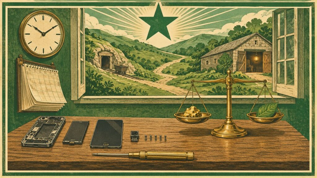 Il·lustració amb estil de cartell antic d'esperanto: damunt d'una taula de fusta, un mòbil desmuntat en una fila de peces —la carcassa, la bateria, la pantalla, una càmera menuda i uns quants cargols— al costat d'un tornavís de llautó; al costat, una balança de llautó en equilibri amb una pepita d'or en un plat i una fulla verda en l'altre; en la paret, un rellotge i un calendari amb moltes fulles; per la finestra oberta, turons verds amb un camí que va d'una mina menuda a un taller amb la porta oberta i el fanalet encés; dalt de tot, l'estrela verda.