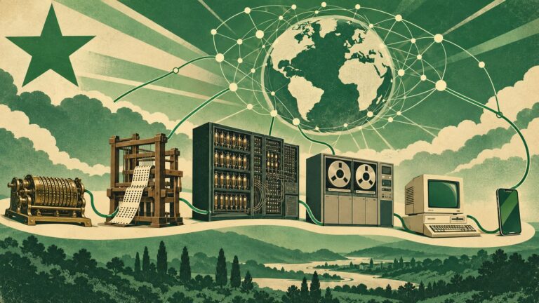 Ilustración con estilo de cartel antiguo de esperanto: un camino que va de izquierda a derecha con máquinas en orden —una calculadora de ruedas dentadas de latón, un telar de madera con tarjetas perforadas, un gran armario de válvulas, un ordenador de cintas magnéticas, un ordenador personal beige y un teléfono inteligente—; un hilo verde las une y sube a una red de puntos alrededor de un globo terráqueo, junto a una estrella verde de cinco puntas.