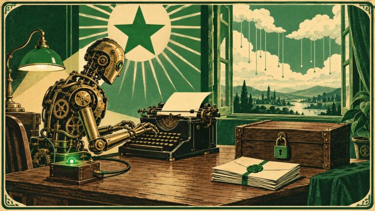 Il·lustració amb estil de cartell antic d'esperanto: davant d'una taula de fusta, un autòmat de llautó amb els engranatges a la vista escriu en una màquina d'escriure antiga, al costat d'un llum verd de taula; un cable l'uneix a una caixeta de fusta amb una llumeta verda; a la dreta, un cofre de fusta tancat amb un cadenat verd i un feix de cartes segellades amb lacre verd; per una finestra oberta es veuen uns núvols dels quals pengen fils que no arriben a la taula, i un paisatge amb un riu; darrere, l'estrela verda amb els seus raigs.