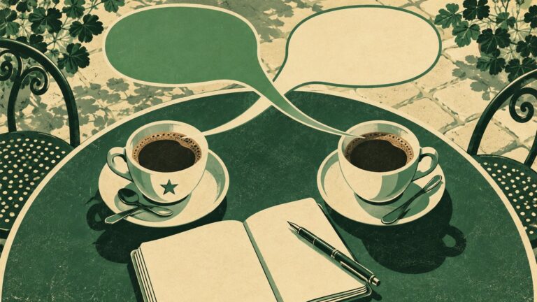 Il·lustració amb estil de cartell antic d'esperanto: dues tasses de café en una taula redona de terrassa, vistes des de dalt, amb bafarades buides que ixen de cada costat i es creuen al centre, una llibreta oberta i una ploma; en una de les tasses, una estrela verda menuda.