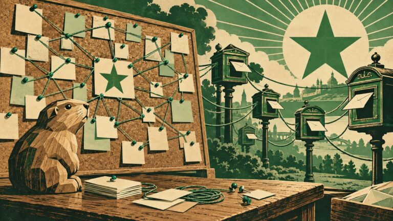 Ilustración con estilo de cartel antiguo de esperanto: una figura de madera de un lemming sobre una mesa, junto a un tablón de corcho con muchas fichas de papel unidas por hilos verdes, y al fondo buzones antiguos unidos por cables, bajo una gran estrella verde.