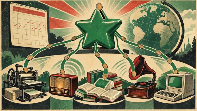 Il·lustració amb estil de cartell antic d'esperanto: una gran guardiola en forma d'estrela verda de la qual ixen fils verds que porten monedes, una a una, cap a cinc tallers xicotets —una impremta manual, una ràdio de vàlvules, una pila de llibres oberts, un gramòfon i un ordinador antic—; al fons, un calendari de paret amb les setmanes marcades i una bola del món.