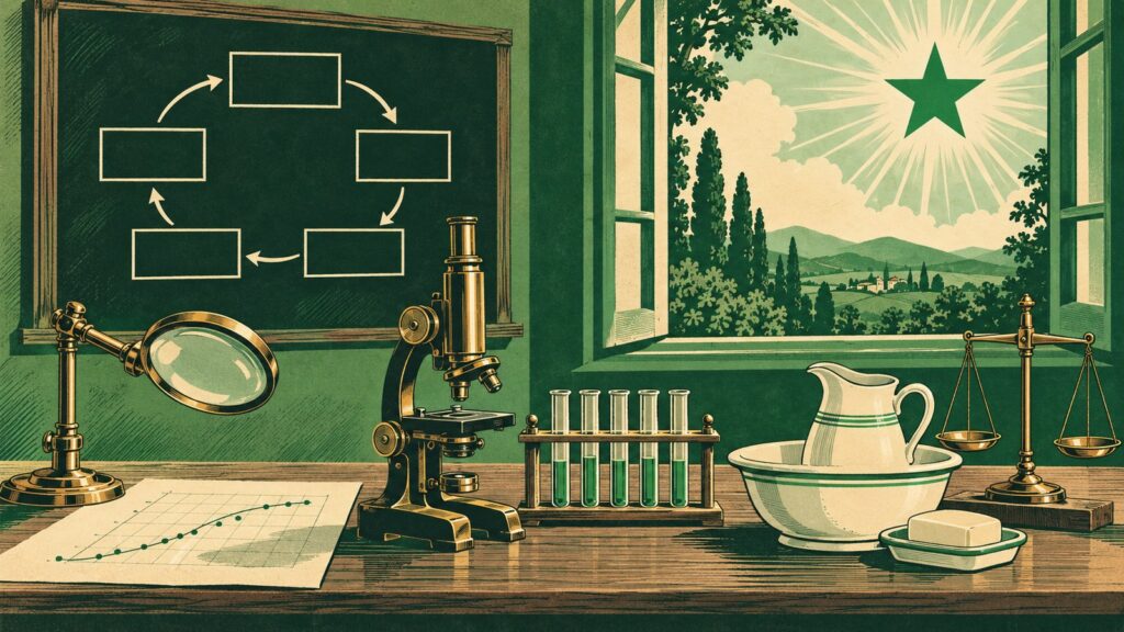 Ilustraĵo laŭ la stilo de malnova esperanta afiŝo: malnova laboratoria tablo kun latuna lupeo super folio kun punktoj kaj kurbo, latuna mikroskopo, vico de provtuboj kun verda likvaĵo, porcelana lavujo kun kruĉo kaj peco da sapo, kaj pesilo en ekvilibro; fone, nigra tabulo kun sagoj, kiuj formas rondon inter kvin malplenaj kvadratoj, kaj malfermita fenestro al pejzaĝo kun la verda kvinpinta stelo en la ĉielo.