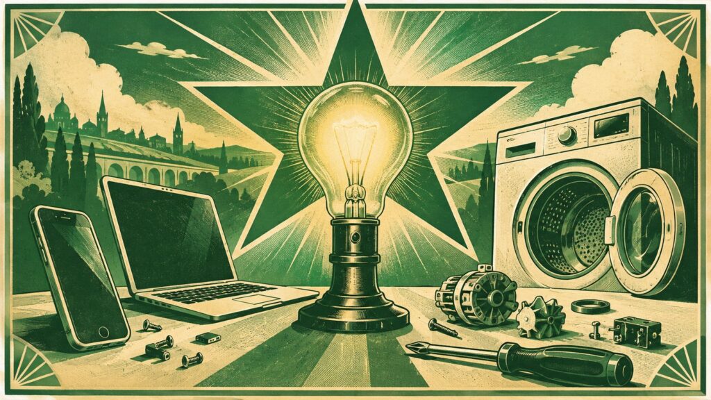 Ilustraĵo laŭ la stilo de malnova esperanta afiŝo: antikva ŝaltita ampolo en la centro, antaŭ granda verda kvinpinta stelo; maldekstre, poŝtelefono kaj tekkomputilo; dekstre, lavmaŝino kun malfermita pordo, ŝraŭbturnilo kaj disaj pecoj sur la tablo.