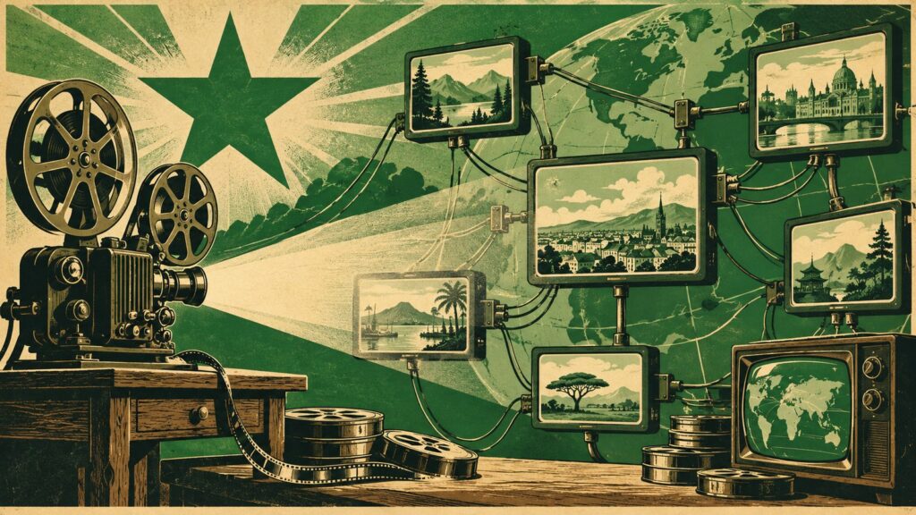 Il·lustració amb estil de cartell antic d'esperanto: un projector de cine antic de bobines sobre una taula de fusta llança la seua llum cap a diverses pantalles xicotetes unides per cables com una xarxa, amb rotllos de pel·lícula i una televisió antiga al costat, davall d'una gran estrela verda.