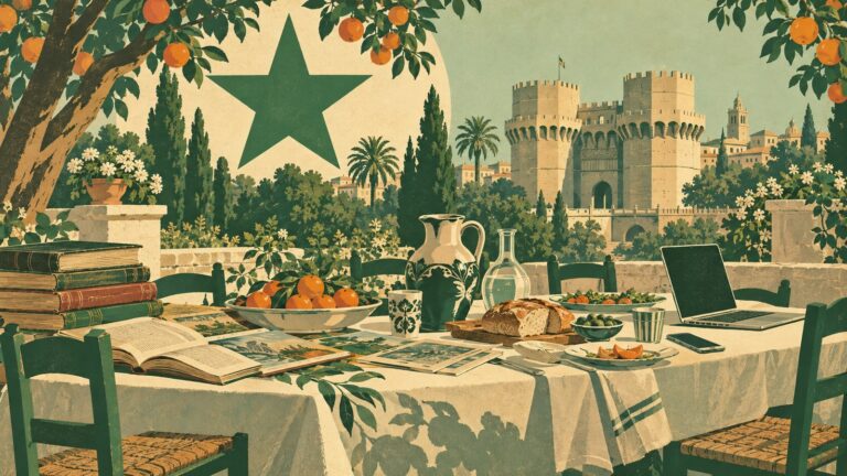 Ilustración con estilo de cartel antiguo de esperanto: una mesa larga en un jardín mediterráneo con libros y revistas antiguos, una comida compartida, un portátil y un móvil, y al fondo las Torres de Serranos de Valencia bajo una gran estrella verde.