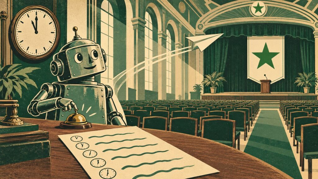 Ilustración con estilo de cartel antiguo de esperanto: un robot de hojalata amable en una mesa de madera pulsa un timbre de latón junto a un reloj de pared que marca casi la hora en punto; delante, una hoja de programa con líneas onduladas y relojes pequeños al margen; un avión de papel sale volando del robot hacia una gran sala de congresos con filas de sillas vacías, un escenario con atril y un estandarte verde con la estrella de cinco puntas.