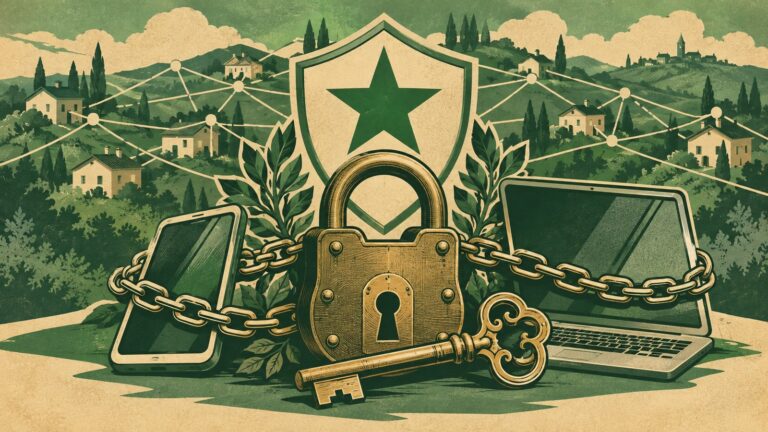 Il·lustració amb estil de cartell antic d'esperanto: un gran cadenat de llautó i una clau antiga davant d'un mòbil i d'un ordinador portàtil, envoltats de cadenes; darrere, un escut amb una estrela verda de cinc puntes i una xarxa de fils que uneix cases sobre turons verds.