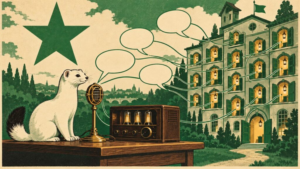 Ilustración con estilo de cartel antiguo de esperanto: un armiño blanco con la cola negra sentado en una mesa de madera junto a un micrófono de latón y una radio de válvulas; de ellos salen bocadillos de diálogo vacíos, unidos con hilos verdes a una casa grande con muchas ventanas iluminadas y la puerta abierta; arriba, la estrella verde de cinco puntas.