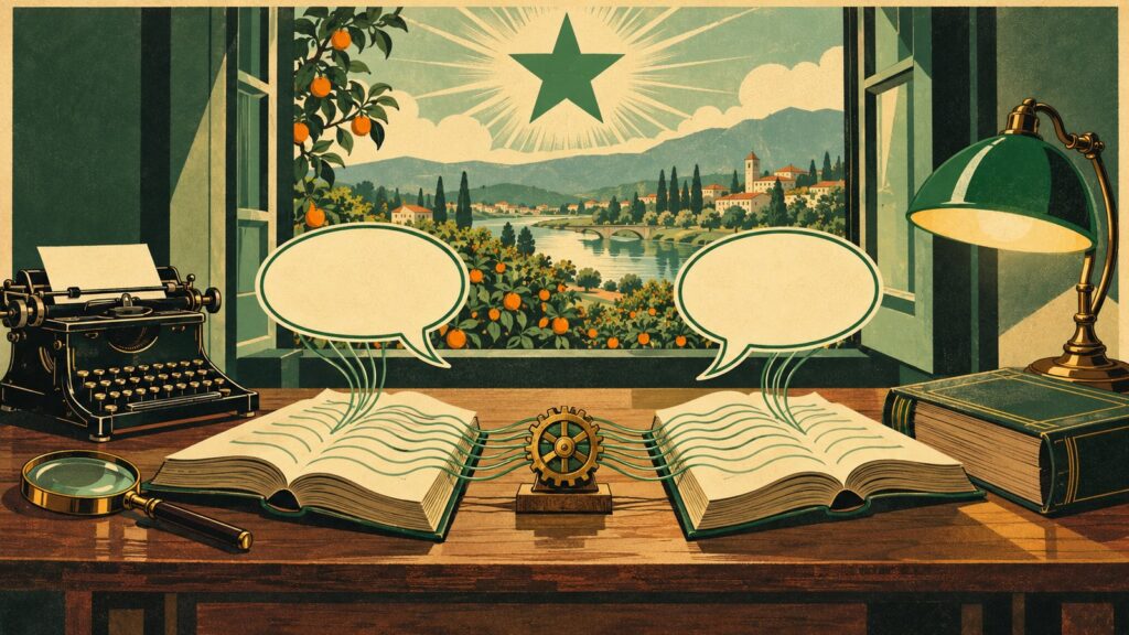 Ilustraĵo laŭ la stilo de malnova esperanta afiŝo: sur ligna tablo, du malfermitaj libroj unu kontraŭ la alia kun ondaj linioj anstataŭ teksto, kunligitaj per verdaj fadenoj tra latuna dentrado; super ili, du malplenaj parolveziketoj; maldekstre, malnova skribmaŝino kaj latuna lupeo; dekstre, dika fermita vortaro kaj verda tabla lampo ŝaltita; tra la malfermita fenestro, oranĝarboj, rivero kun ponto kaj vilaĝo; en la ĉielo, la verda stelo.