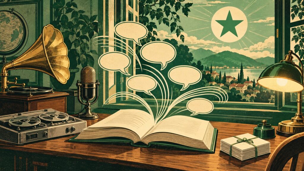 Il·lustració amb estil de cartell antic d'esperanto: un llibre obert damunt d'una taula de fusta, del qual ixen ones de so i bafarades buides cap a una finestra oberta; al costat, un gramòfon de llautó, un micròfon antic, una gravadora de cinta i un feix de targetes en blanc lligades amb un fil verd, i un llum de taula encés; per la finestra es veu un poble vora un llac i l'estrela verda de cinc puntes al cel.