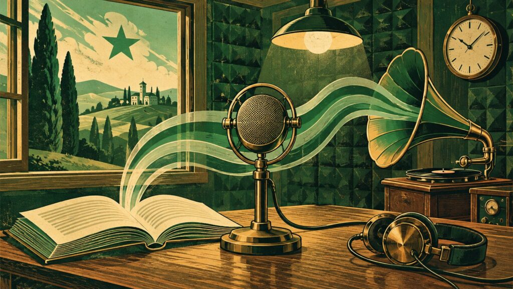 Il·lustració amb estil de cartell antic d'esperanto: un estudi de gravació antic amb les parets encoixinades i un llum encés; al centre, un micròfon de ràdio de llautó sobre un peu; davant, damunt d'una taula de fusta, un llibre obert del qual ixen ones de so que es tornen una cinta verda ondulant fins a la botzina d'un gramòfon; al costat, uns auriculars antics i un rellotge de paret; per la finestra, un tossal amb xiprers i un poble, i l'estrela verda de cinc puntes en el cel.
