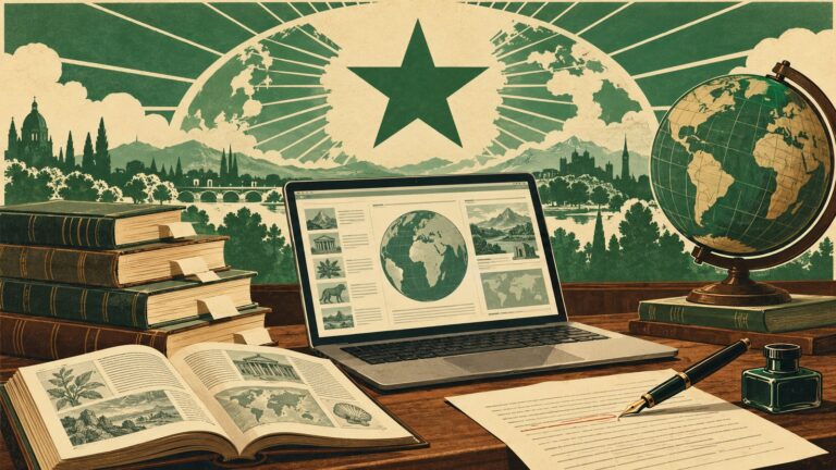 Ilustraĵo laŭ la stilo de malnova esperanta afiŝo: skribotablo kun malfermita tekkomputilo montranta retan enciklopedion, fontoplumo korektanta linion, stako da konsultlibroj kun slipoj kaj terglobo, sub granda verda stelo.