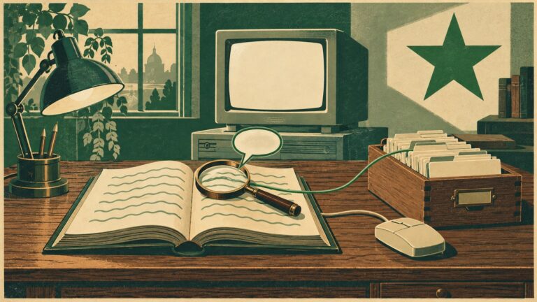 Ilustraĵo laŭ la stilo de malnova esperanta afiŝo: ligna skribotablo kun malfermita libro, latuna lupeo super linio, el kiu eliras malplena parolveziko, ligita per verda fadeno al skatolo kun slipoj, malnova komputila muso, malnova monitoro kun blanka ekrano, tabla lampo kaj, sur la muro, granda verda kvinpinta stelo.
