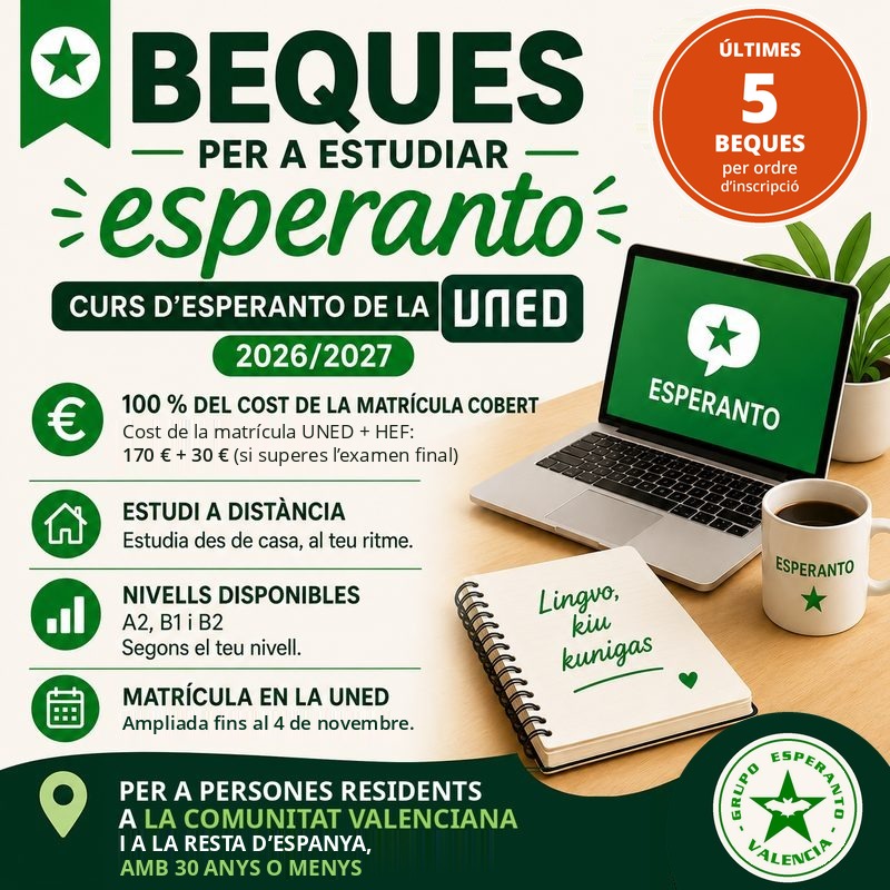 Beques per a estudiar Esperanto a la UNED durant el curs 2026/2027