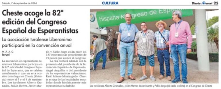 La notícia del Diario de Teruel del dissabte 7 de setembre de 2024, pàgina 25: «Cheste acoge la 82ª edición del Congreso Español de Esperantistas», amb Alberto Granados, Julián Herrer, Javier Martín i Pablo Jorge sota la pancarta del congrés.