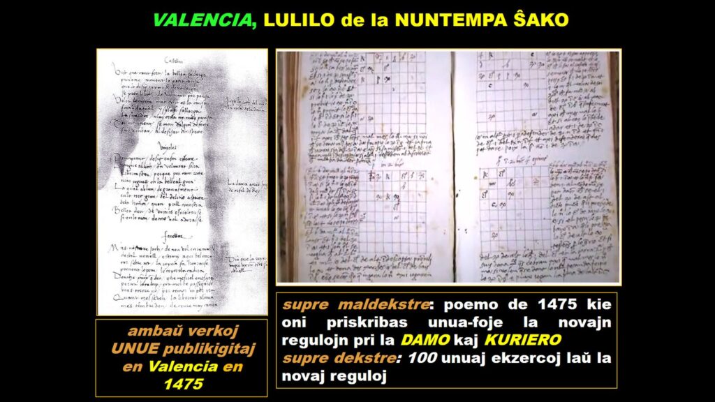 Diapositiva «València, bressol dels escacs moderns», amb un manuscrit antic obert