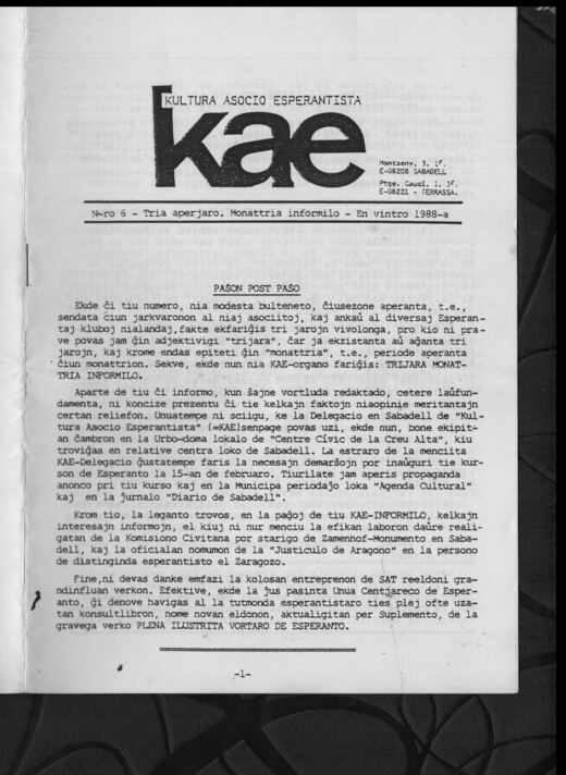 Portada del KAE-Informilo N.º 6, invierno de 1988.