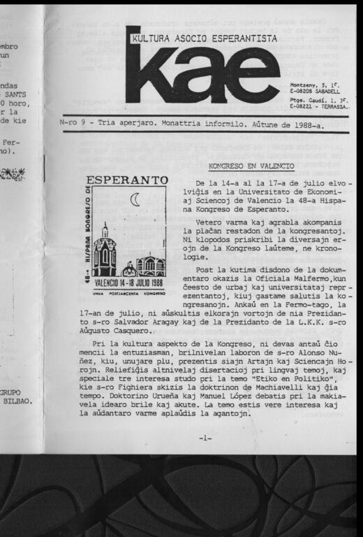 Portada del KAE-Informilo N.º 9, otoño de 1988.