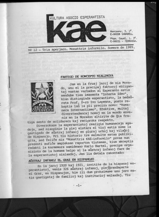 Portada del KAE-Informilo N.º 12, verano de 1989.