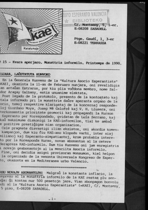 Portada del KAE-Informilo N.º 15, primavera de 1990.