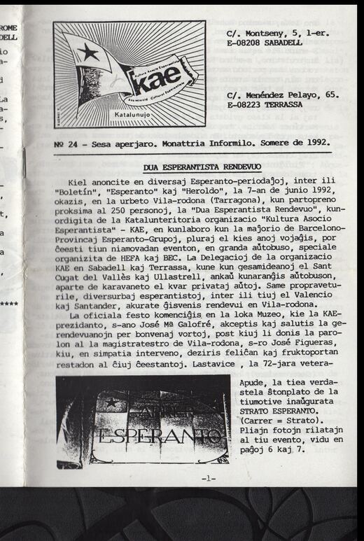 Portada del KAE-Informilo N.º 24, verano de 1992.