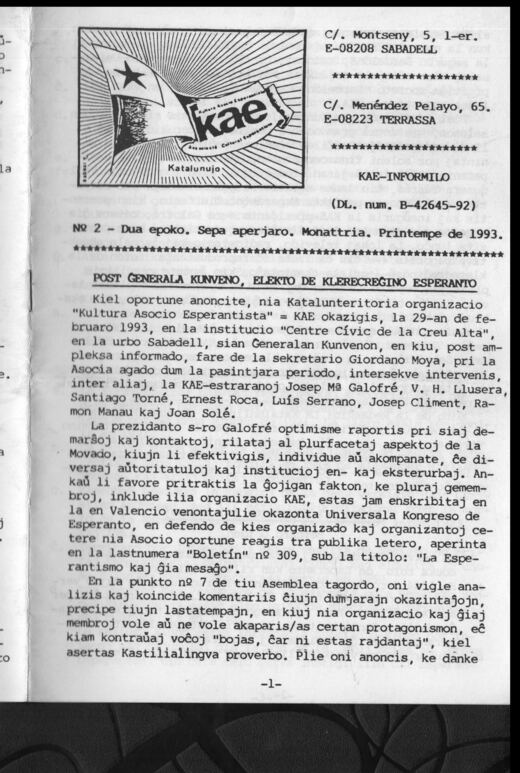 Portada del KAE-Informilo 2.ª época, n.º 2, primavera de 1993.