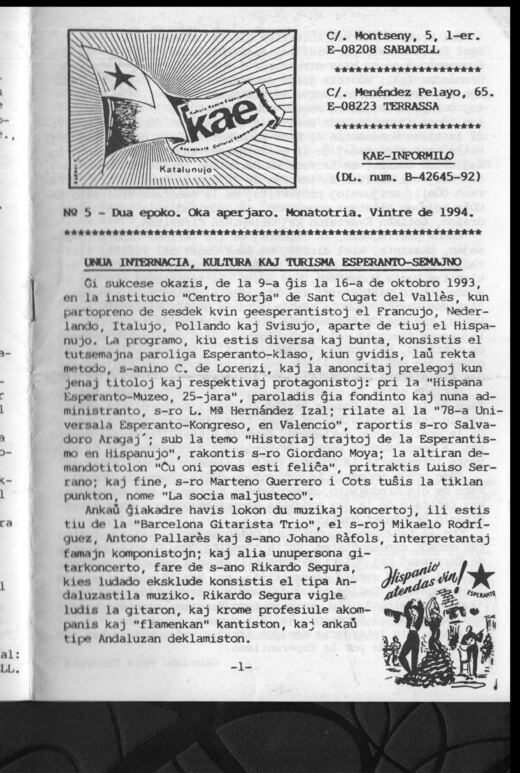 Portada del KAE-Informilo 2.ª época, n.º 5, invierno de 1994.