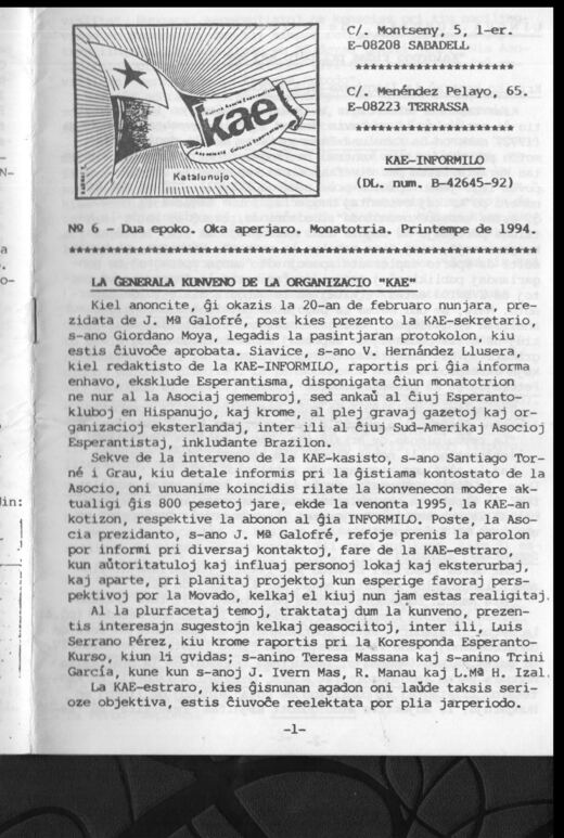 Portada del KAE-Informilo 2.ª época, n.º 6, primavera de 1994.