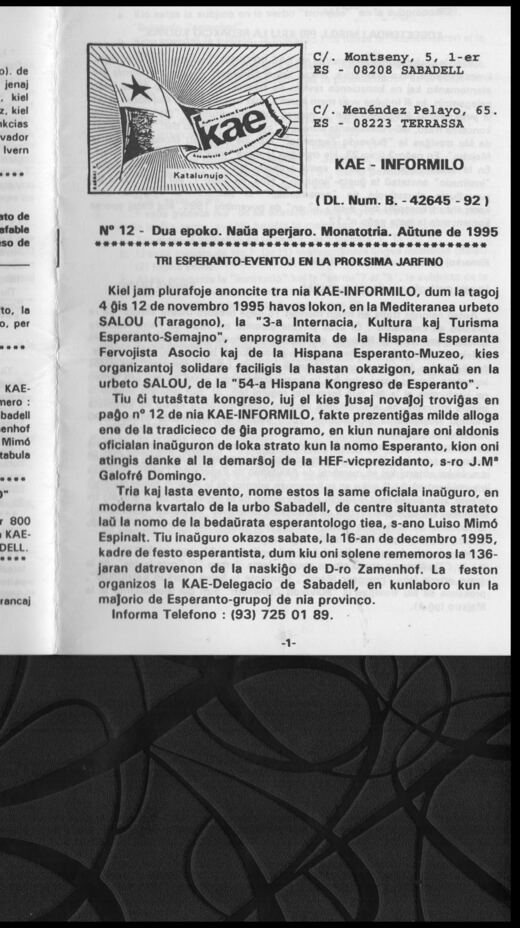 Portada del KAE-Informilo 2.ª época, n.º 12, otoño de 1995.