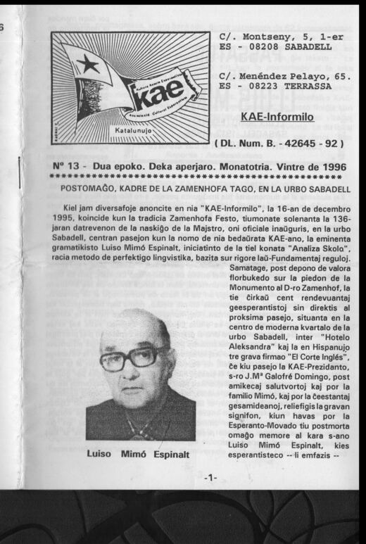 Portada del KAE-Informilo 2.ª época, n.º 13, invierno de 1996.