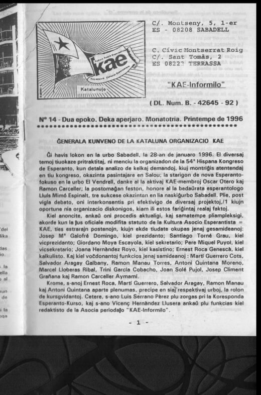 Portada del KAE-Informilo 2.ª época, n.º 14, primavera de 1996.